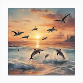Sunset and Dolphins Canvas Print