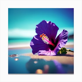 Blue Sea on the Beach with Purple Hibiscus Flower Canvas Print