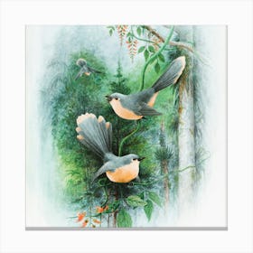 Two Birds Perched On Branches Canvas Print