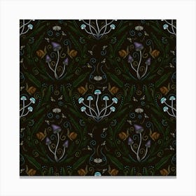 Goblincore Seamless Pattern With Mushrooms, Snails and Moths on Black Canvas Print