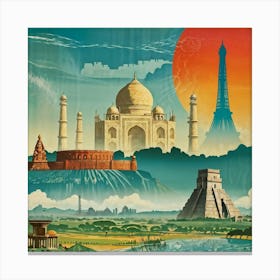 A Vintage Travel Poster Features A Collage Of Major Historical Landmarks From Different Continents (1) Canvas Print