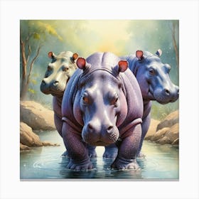 Three Hippopotamus in Water Watercolor Canvas Print