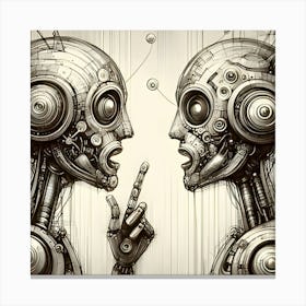 A Sketch Shows Two Robots Talking To Each Other, Featuring A Surreal Look And Narrow Aspect Ratio 3 Canvas Print