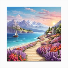 Lavender Flowers And the Sea Canvas Print