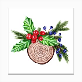 Wood Cut with Pine Branches, Berries and Mistletoe Canvas Print