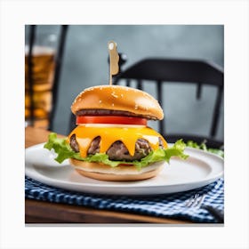 Hamburger On A Plate With Beer Canvas Print