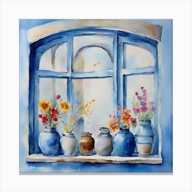 Blue wall. Open window. From inside an old-style room. Silver in the middle. There are several small pottery jars next to the window. There are flowers in the jars Spring oil colors. Wall painting.61 Canvas Print