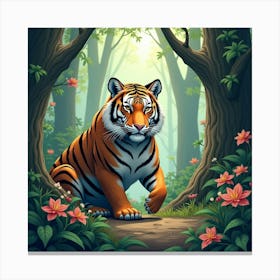 Tiger In A Forest With Orchids 1 Canvas Print