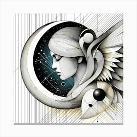 Angel and Moon - Abstract Line Art Illustration 48 Canvas Print