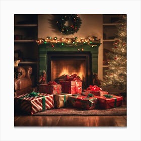 Christmas Presents Under Christmas Tree At Home Next To Fireplace Haze Ultra Detailed Film Photog (7) Canvas Print