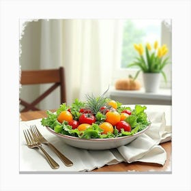 Watercolor Depiction Of A Fresh And Light Summer Vegetable Salad On A Cozy Dining Table Canvas Print