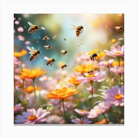 Bees Flying Over Flowers Canvas Print