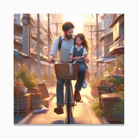 Little girl with father bicycle riding Canvas Print