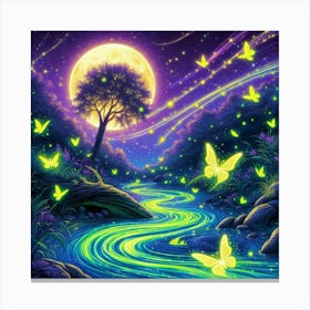 Stream With Bioluminescent Fish Butterflies Sun Spinning Wind Tree Canvas Print