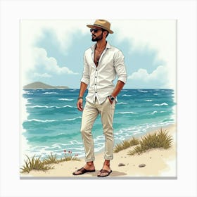 Fashionable Man In Watercolor Outfit, Picturesque Seaside 1 Canvas Print