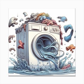 Washing Machine In The Water - A pile of laundry on a washing machine, but the clothes are not just floating in mid-air, they are dancing and swirling. The washing machine itself is also spinning upside down, and the water is flowing in all directions. The scene is rendered in a whimsical, cartoonish style. Canvas Print