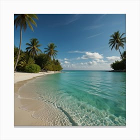 A Tropical Beach With Crystal Clear Turquoise Water, White Sand, And Gently Swaying Palm Trees 2 Canvas Print