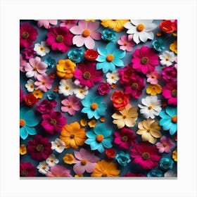 Colorful Flowers On A Blue Background Canvas Print