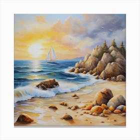 Oil painting design on canvas. Sandy beach rocks. Waves. Sailboat. Seagulls. The sun before sunset.32 Canvas Print