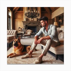 Man And Dog In Living Room Canvas Print