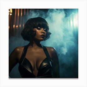 A Smoking Hot Voluptuous Sexy Black Woman In A Black Latex Dress Smoke in Back - Created by Midjourney Canvas Print