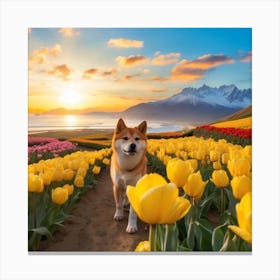 Dog In Yellow Tulips Canvas Print