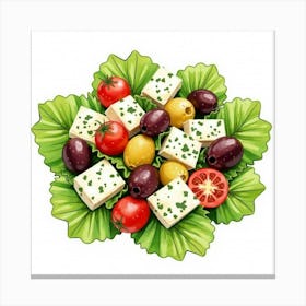 A Watercolor Rendering Of A Fresh And Colorful Greek Salad With Olives And Feta Cheese 1 Canvas Print