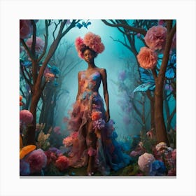 fashion, Surreal fashion garden, plant mannequins, giant flowers, organic dresses, twisted trees, cyber butterflies, psychedelic sky, colorful mist, floating lighting, enchanted podium, colors that change at the touch. Canvas Print