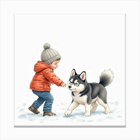 Watercolor Scene Of A Child And A Siberian Husky Playing In The Snow Canvas Print