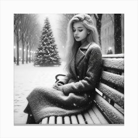 Snow Girl Sitting On A Bench Canvas Print