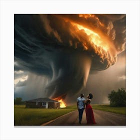 Couple Standing In Front Of A Tornado Canvas Print