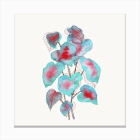 Turquoise Pink Watercolor Plant Square Canvas Print