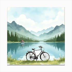 Elegant Bike By A Tranquil Lake With Mountains Watercolor Scene 1 Canvas Print