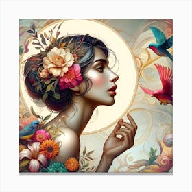 Beautiful Woman With Birds 1 Canvas Print