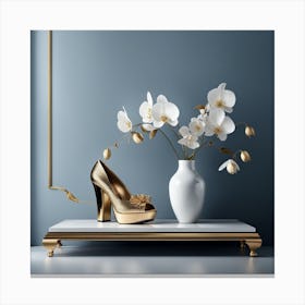 Gold Shoes And Flowers Canvas Print