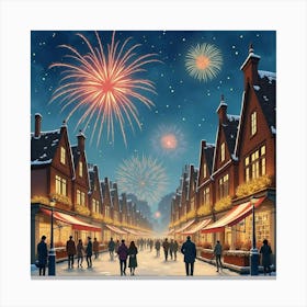 A Watercolor Of A Traditional English New Year’S Eve Celebration, With Fireworks And Festivities 1 Canvas Print