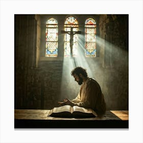 A Devoted Individual In Quiet Contemplation Clasping A Worn Holy Bible Tightly With An Air Of Sole Canvas Print