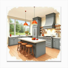 Elegant Kitchen Watercolor Scene, Warm And Stylish Hues 1 Canvas Print