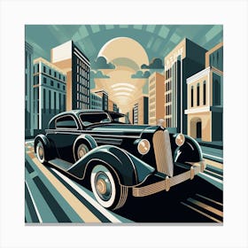 Art Deco-inspired sleek vintage car against cityscape Canvas Print