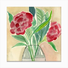 Two Red Flowers In A Glass Vase - square floral beige red green Canvas Print