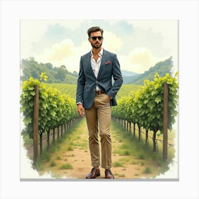 Stylish Man In Watercolor Suit, Lush Vineyard Backdrop 1 Canvas Print