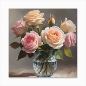 An Oil Painting Featuring A Bouquet Of Vintage Roses In A Crystal Vase Capturing Canvas Print