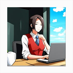 Anime Office Girl In From Of Her Laptop Canvas Print