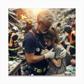 Image Of A Firefighter Helping A Girl In A Disaster Canvas Print