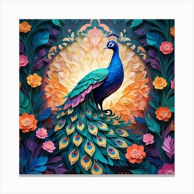 Peacock With Flowers Canvas Print