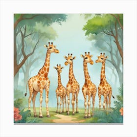 Cute Giraffe Herd Under The Trees Illustration 1 Art Print Canvas Print