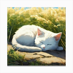 White Cat Sleeping In The Grass 1 Toile