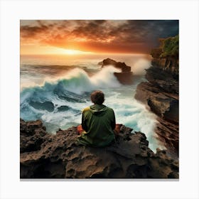 Man Sitting On Cliff Looking Down At Blue Green Ocean Canvas Print