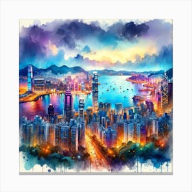 Hong Kong Skyline Watercolor Painting Canvas Print