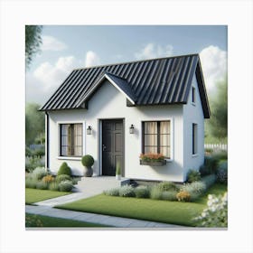 A Small Modern House With a Black Roof and White Walls Sits in a Green Field Surrounded by Trees and Flowers Under a Blue Sky With White Clouds Canvas Print